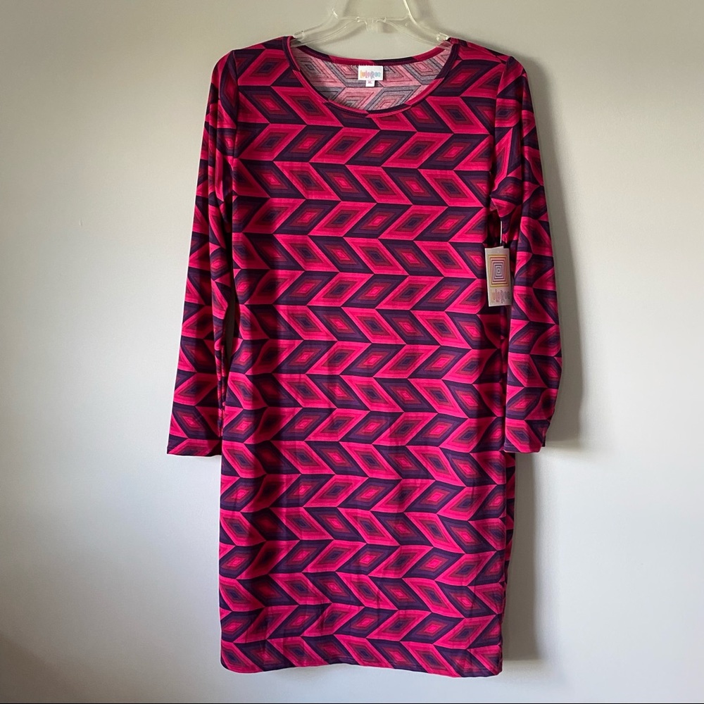 LULAROE NWT Debbie—long sleeve sheath dress, knee length, pink/purple, Size XL